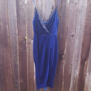 Blue Velvet Black Lace Front Slit Tulip dress